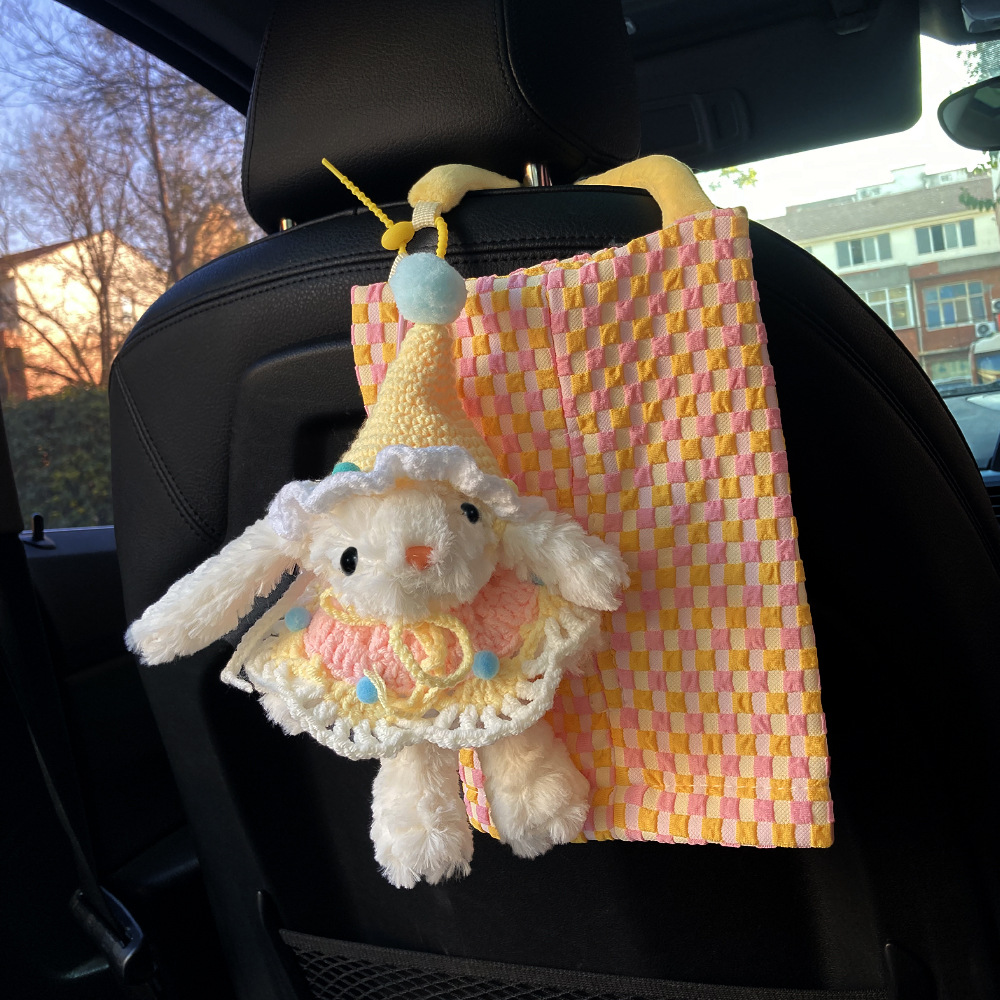 Lindo conejo, toalla de papel de coche, bolsa colgante, caja de cartón para coche, asiento interior, almacenamiento 2025, nueva muñeca colgante image 9