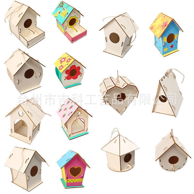 Cross-Border Handmade Wooden Birdhouse Outdoor Hanging Bird Cage DIY Graffiti Bird Cage Children's Assembly Wooden House