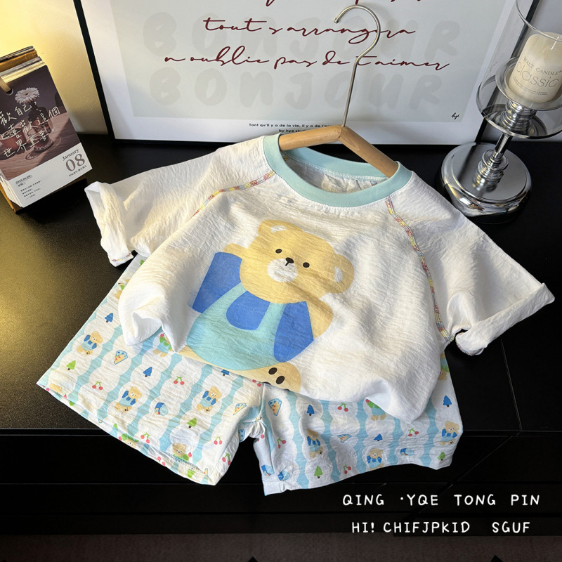 子供の夏のホーム服セット男の子カラーブロッククラウドコットンパジャマ女の赤ちゃん半袖ショーツ薄い空調服|undefined