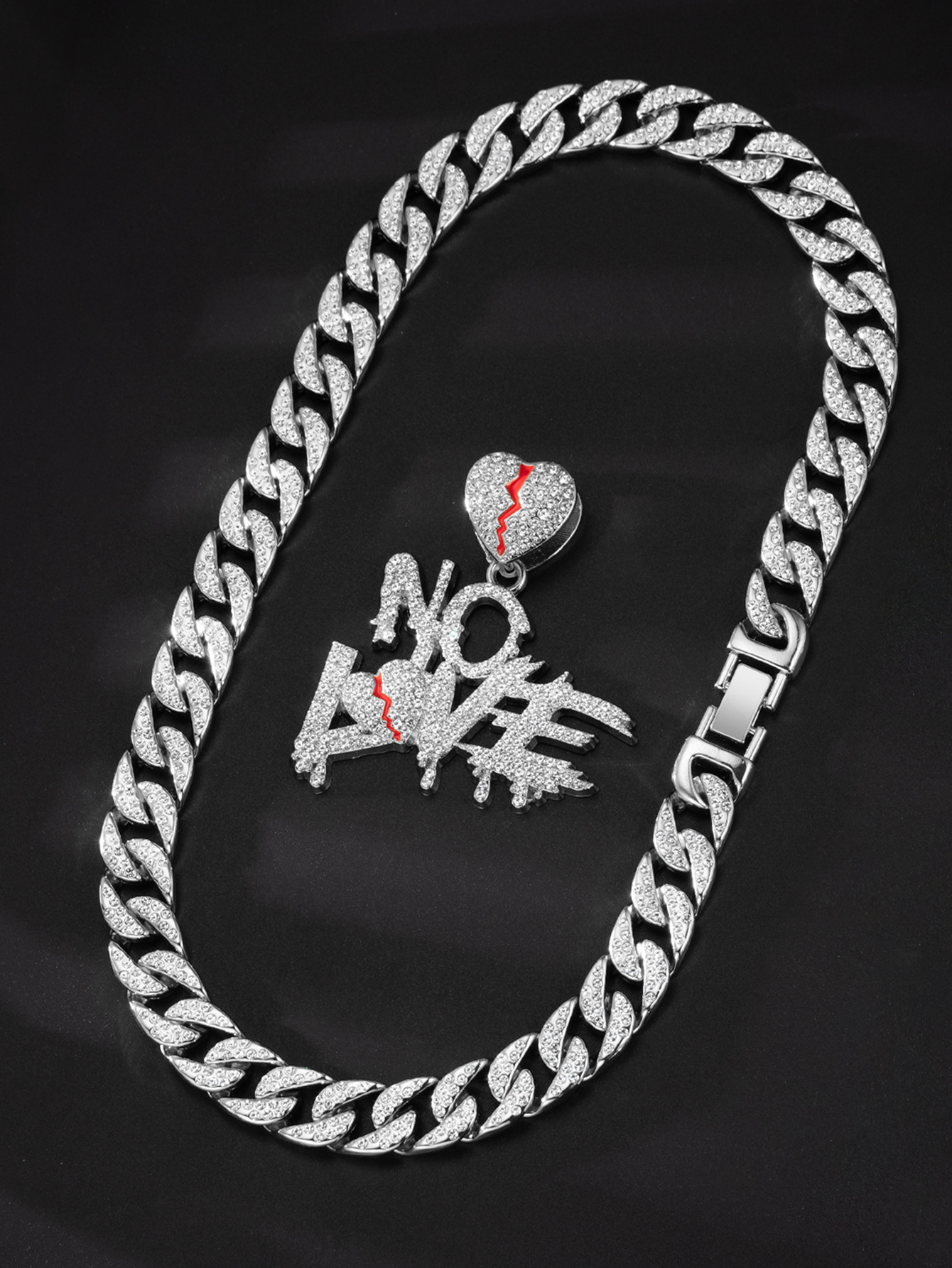 New full diamond Cuban chain splicing letter love pendant hip-hop street culture trendy men's necklace_voghion.com