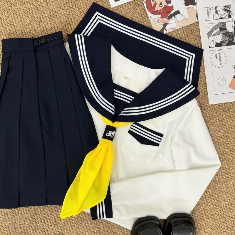 Jk制服ベースモデル改良白三本セーラー服合集長袖海軍襟学院風日系スーツ|undefined