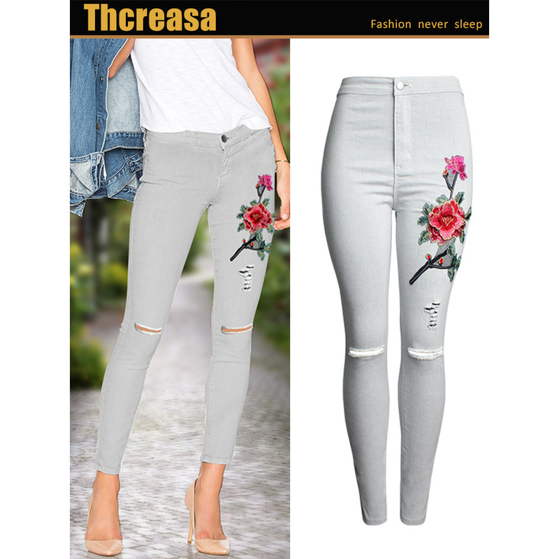 European and American Women's Fashion 3D Embroidery Slim Fit Women's Skinny Jeans Embroidered Jeans Knee Frayed Pencil Pants Women's Trendy