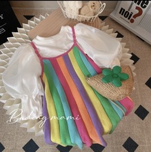 韩国童装女童夏季2025新款洋气彩虹纹吊带裙小女孩洋气吊带连衣裙