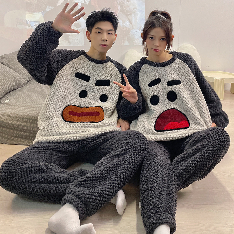 플란넬 잠옷 겨울 커플 따뜻한 풀오버 여성 따뜻한 산호 양털 학생 캐주얼 두꺼운 귀여운 홈 옷 남성