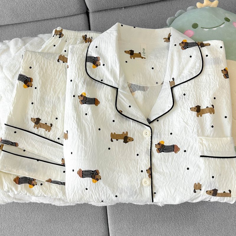 (가슴패드 없음) [윤두면] 도트무늬 닥스훈트 긴팔+바지