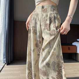 实拍现货2026夏季新款印花天丝亚麻阔腿裤高腰棉麻防晒拖地裤女