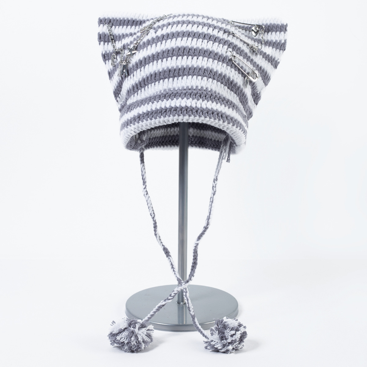 Süße kleine Teufel gestreifte gestrickte Wollmütze weibliche Herbst und Winter coole trendige Katzenohren süße Pullover kalte Mütze_voghion.com