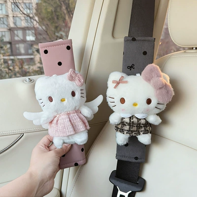 Cute Kt Kitten Car Interior Decoration, Car Seat Belt Plush Shoulder Protector, Cartoon Doll Anti-Neck-Strangling Cover, Creative (Sürətlər qutusu və əl tormozu başlıqları) - coffee-skirt-velvet-cat-pink-wings-cat-black-pink-polka-dot-shoulder-pads-2