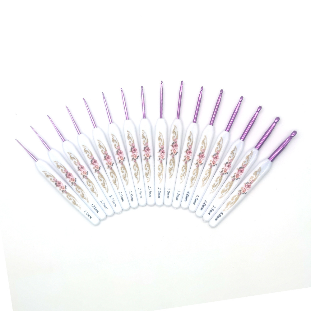 Herramientas de tejido de agujas de suéter transfronterizas ABS mango plástico impresión de agujas de poliestireno un conjunto completo de 16 piezas delgadas a gruesas