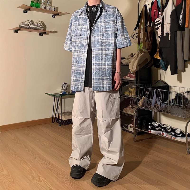 2025 Street Trend Rock Band Printed Plaid Short Sleeve Shirt 2024 Autumn Trendy Brand Couple Short Sleeve Shirt Men