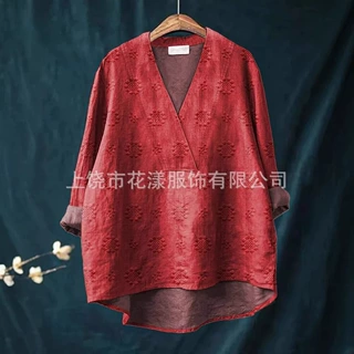 【仿麻格】跨境外贸新款 印花秋季女装 宽松休闲领大码女装衬衫
