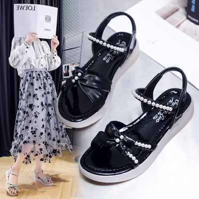 仙女风凉鞋女2022春夏季新款平跟串珠松紧一字型韩版舒适潮搭凉鞋