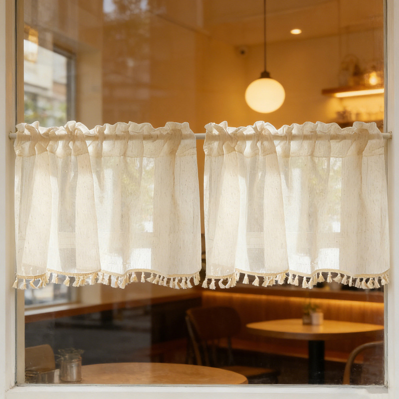 French-Style Vintage Lace Half Curtain, Coffee-Colored Short Curtain, Beige Faux Linen, No-Drill Kitchen Sheer Curtain, Wholesale French-Style Vintage Lace Half Curtain, Coffee-Colored Short Curtain, Beige Faux Linen, No-Drill Kitchen Sheer Curtain, Wholesale