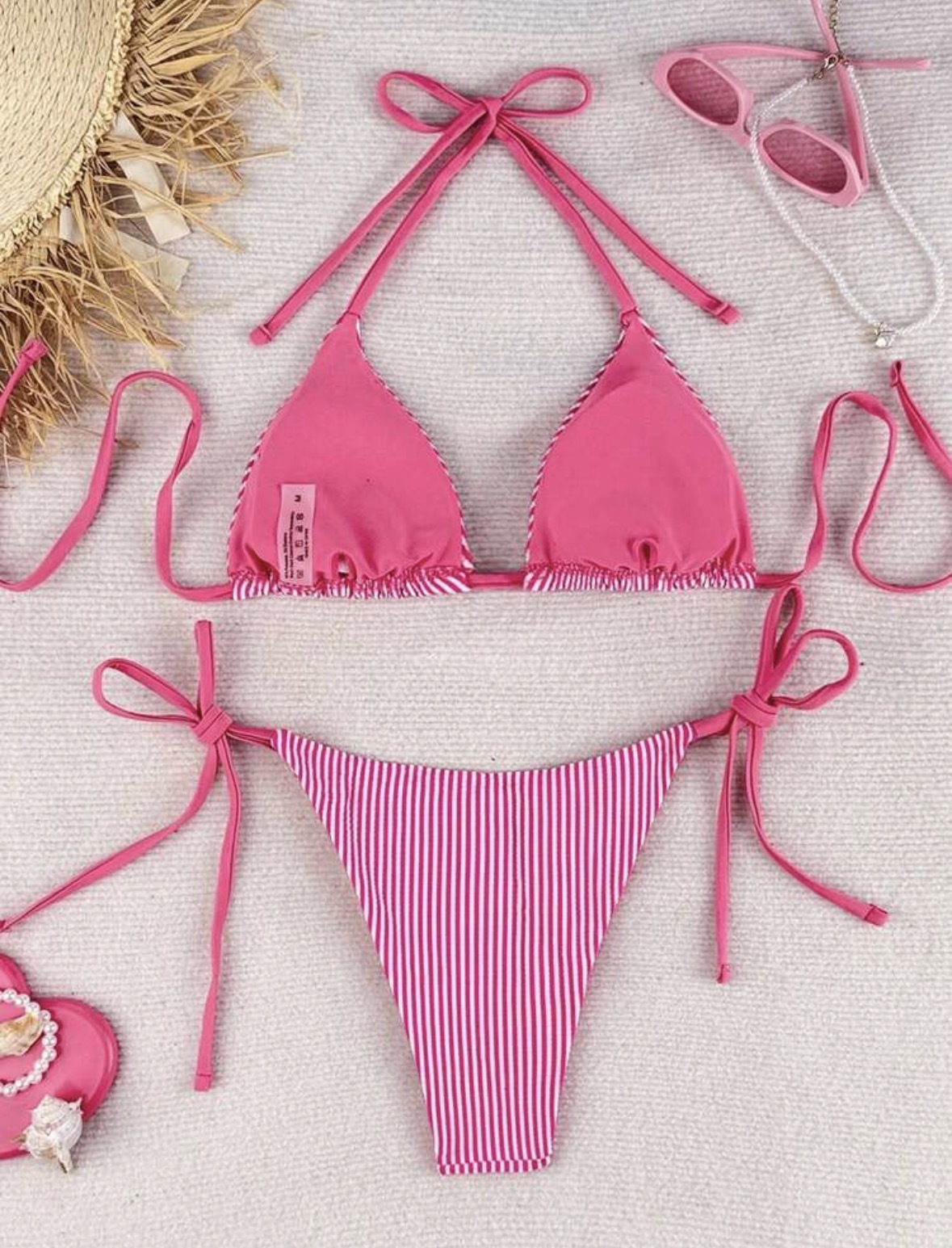 Ensemble bikini avec haut à nouer rayé bleu et blanc deux pièces_voghion.com
