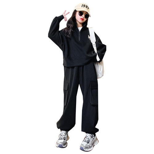 Girls overalls suit spring 2024 new style girls casual cotton sweatshirt loose children's two-piece set