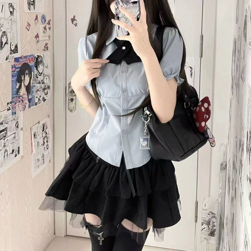 Женская рубашка с короткими рукавами в японском стиле JK, короткая юбка в стиле чистого желания, пышная короткая юбка, комплект из двух предметов