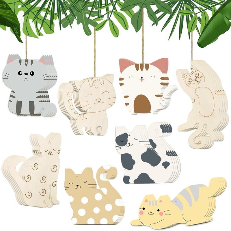 40Pcs Unfinished Wooden Cat 5 Styles DIY Craft Shapes Creative Projects Cat Lovers Decorative Animals
