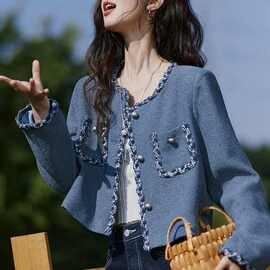 春秋百搭小香风外套女短款新款时尚显瘦拼接织带上衣漂亮