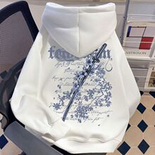 连帽卫衣男美式潮牌大码白灰色2025年秋冬加绒上衣宽松印花外套