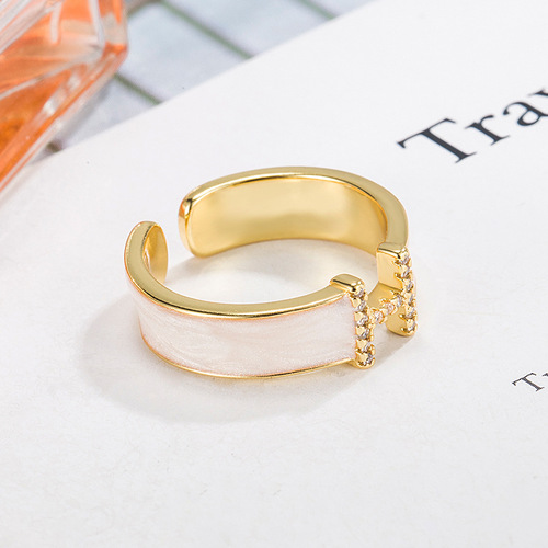Letter H ring~white oil-dropping zircon high-end opening niche French temperament ring index finger ring for women 