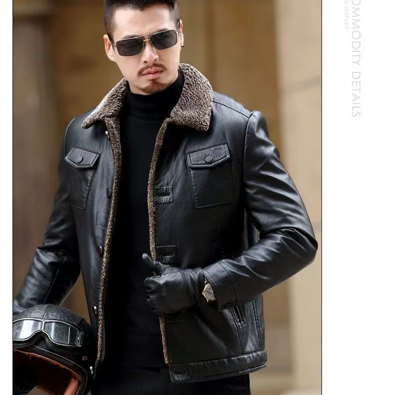 Ropa de cuero para hombres jóvenes y de mediana edad, nuevos hombres delgados, invierno más terciopelo, chaqueta de cuero cálida, chaqueta de hombre, traje de papá
