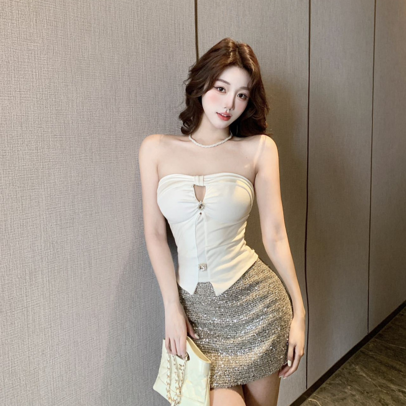 Summer New Style Mature Women's Diamond Hollow-Out Irregular Design Tube Top with Beautiful Back, Slim Fit, Fixed Cup Women's Top