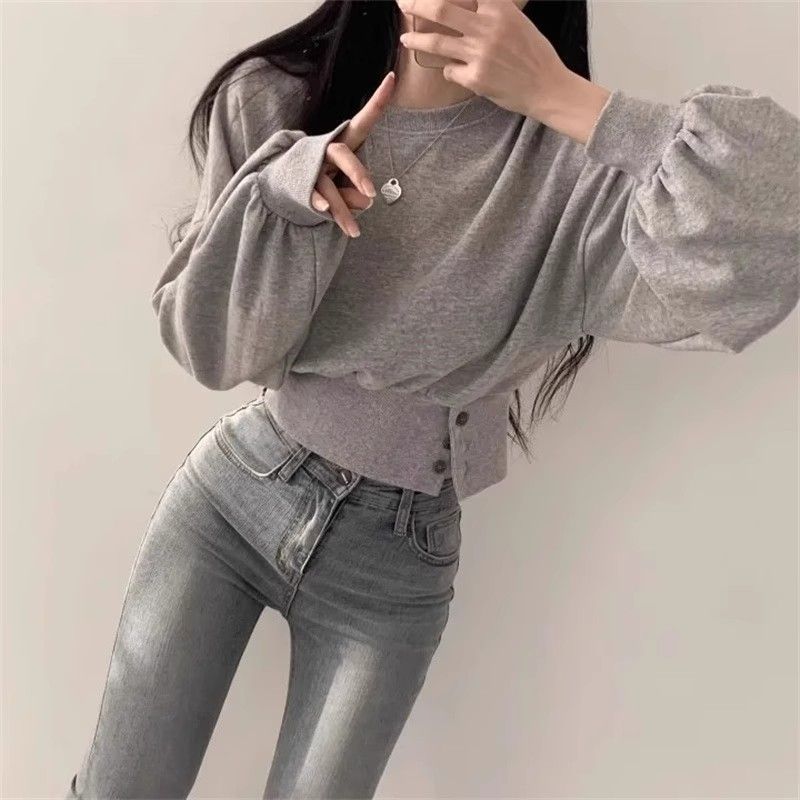 纯棉卫衣女春秋薄款收腰显瘦高腰短款设计感小众无帽圆领长袖上衣|undefined