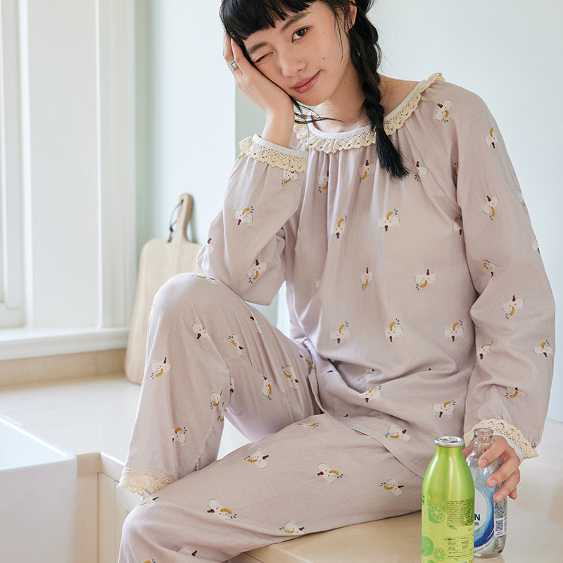 [Special clearance sale, no returns or exchanges] Spring/Summer pure cotton printed pajamas, women's loose-fitting loungewear, Japanese-style set for wearing outside the home