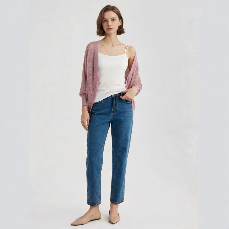 Yaqi2026 Summer Hollow-Out Chic Shell Knit Cardigan Women's Batwing Sleeve Shawl V-Neck Knit Jacket