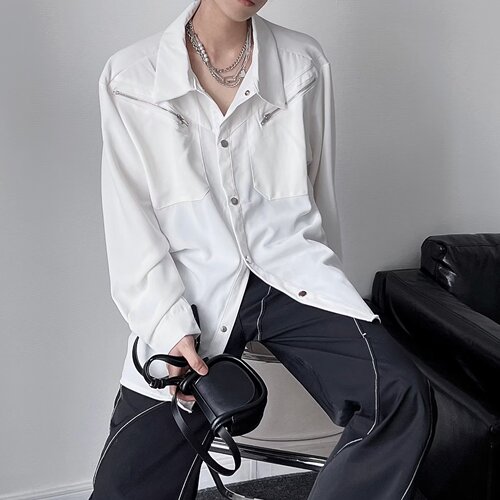 Designer Metal Zipper Decorated Long-Sleeve Shirt for Men, Trendy, Flowing, High-End, Casual and Cool Style