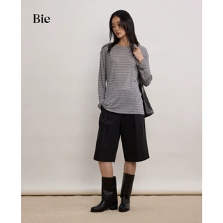 边也Bie经典条纹长袖t恤女休闲慵懒风上衣百搭莱赛尔圆领宽松罩衫