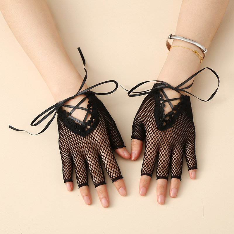 Guantes de red de pesca sexy de mujer corta guantes de medio dedo elásticos negros guantes de juego de rol de ópera