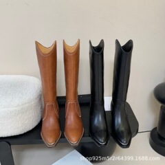 高端品质2025秋冬真皮金属方头复古粗高跟高筒骑士靴不过膝长靴女