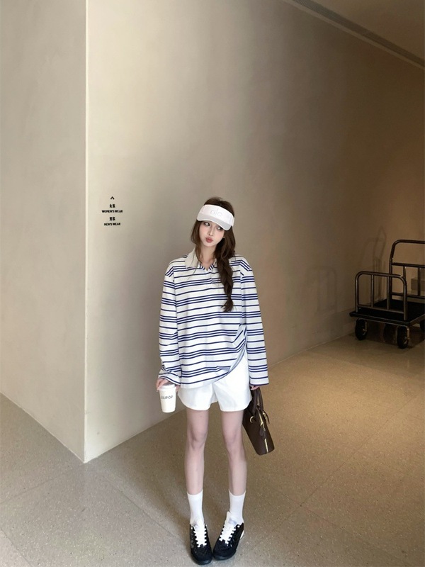 娜琏Polo 蓝条纹针织polo衫翻领正肩韩系简约女上衣T恤|undefined