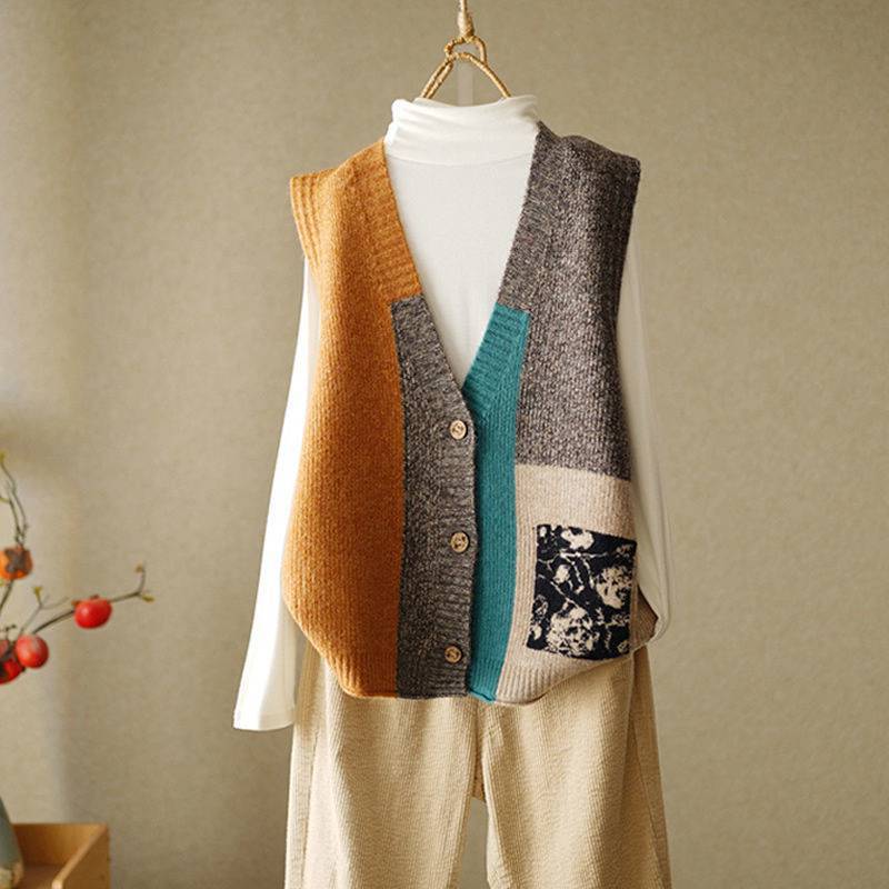 2025 Loose Design Niche Sweater Vest Retro Knitted Cardigan for Women Autumn Outerwear Sleeveless