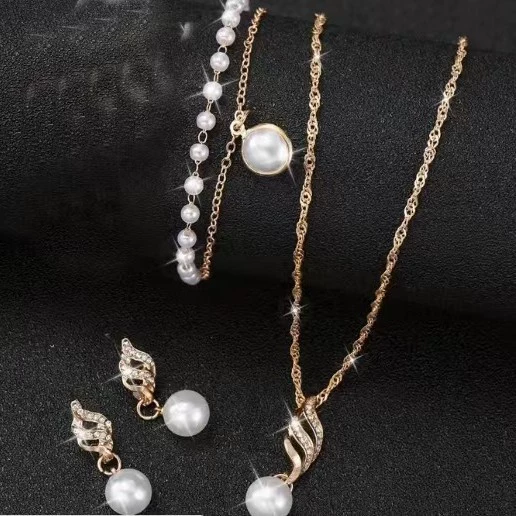 Европейский и американский простой стиль свадебный набор свадебных украшений темперамент модный жемчуг с бриллиантами серьги ожерелье браслет