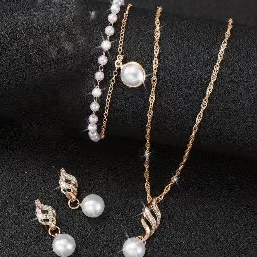 European and American simple style bridal wedding jewelry suit temperament fashion pearl diamond twist chain earrings necklace bracelet