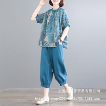 单套装女新款中年妈妈夏装宽松大码民族风印花含棉休闲两件套批发