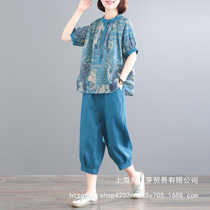 单套装女新款中年妈妈夏装宽松大码民族风印花含棉休闲两件套批发