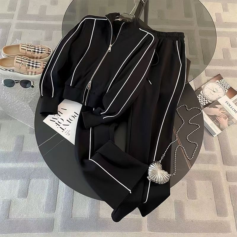 Trendy Street-Style Sports Suit for Women, Autumn Fashion Casual Youthful Chic Zip-Up Sweatshirt and Wide-Leg Pants Two-Piece Set