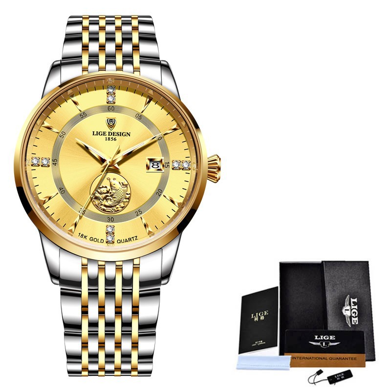 LIGE10050 nueva serie de Lucky Lotus koi reloj de regalo conmemorativo calendario cinturón de acero de negocios incrustado con diamantes