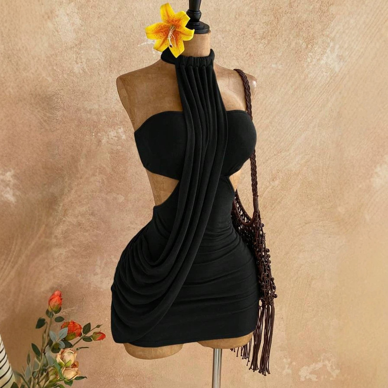 European and American Cross-Border 2026 New Women's Spring-Summer Asymmetrical Flowing Tie-Waist Slim Halter Neck Mini Dress European and American Cross-Border 2026 New Women's Spring-Summer Asymmetrical Flowing Tie-Waist Slim Halter Neck Mini Dress