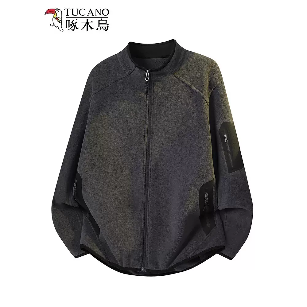 啄木鸟户外无领抓绒衣男士运动宽松开衫摇粒绒保暖内胆夹克衫外套