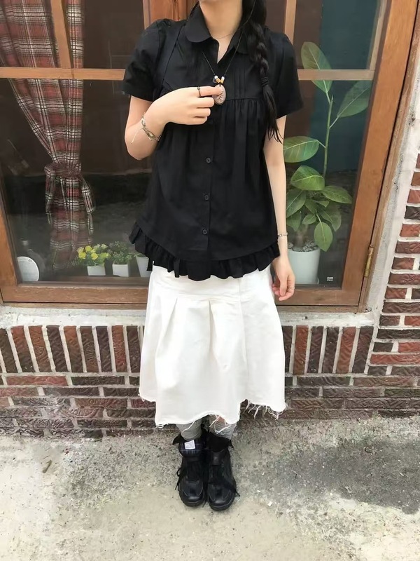 韩系翻领甜美辣妹修身显瘦百搭减龄花边拼接短袖衬衫上衣|undefined