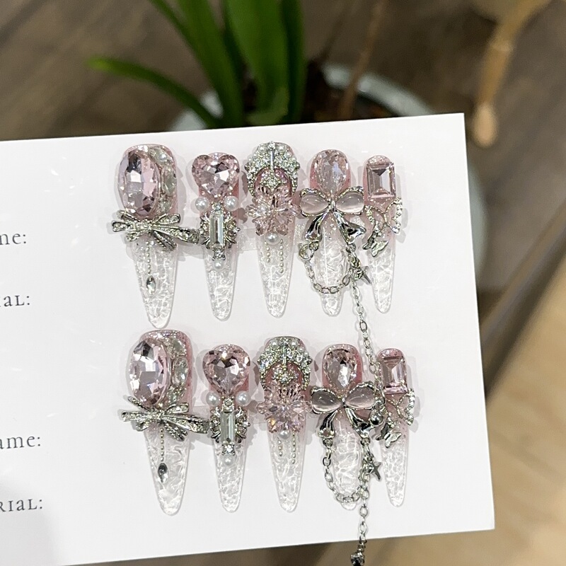 Purely Handmade Wearable Nail Tips, Ice-Clear Pink Nail Art Pieces, European and American Style, Fully Adorned with Diamonds, Dazzling Bowknot Fake Nail Stickers Purely Handmade Wearable Nail Tips, Ice-Clear Pink Nail Art Pieces, European and American Style, Fully Adorned with Diamonds, Dazzling Bowknot Fake Nail Stickers