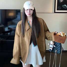 原版做法 美式复古麂皮绒翻领休闲外套上衣美拉德宽松棕色夹克女