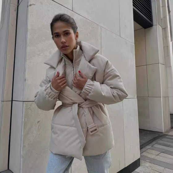 2024 Amazon Europe and the United States cross-border winter new thick lapel waist cotton-padded jacket thin solid color cotton-padded jacket coat women