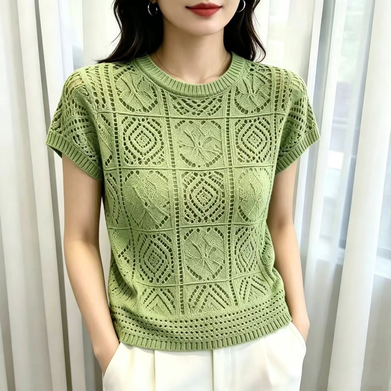 Hollow-Out Ice Silk Crochet Knit Short-Sleeve Women's Versatile Knit Top Summer New Thin Loose Blouse Trendy Top