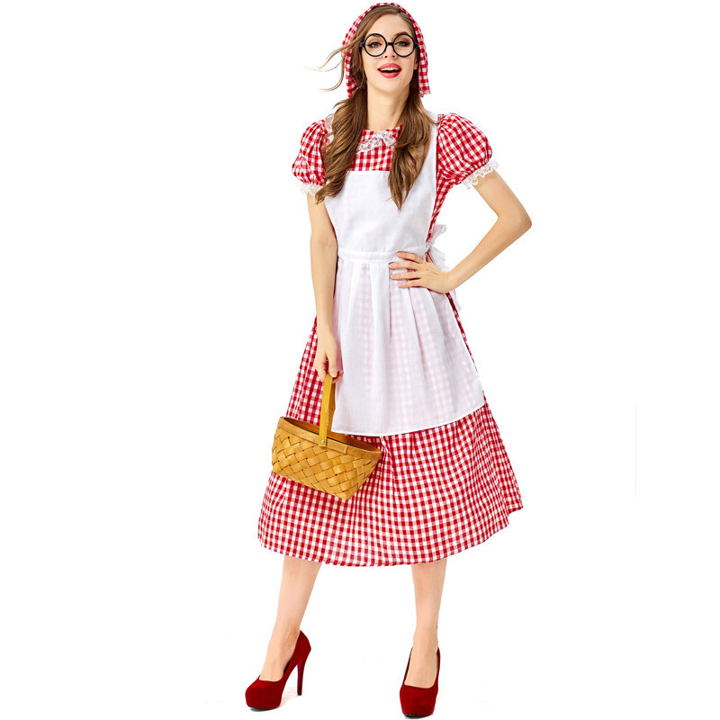 French Farm Costume Red and White Plaid Lace Oktoberfest Costume Maid Mistress Dress Halloween Costume