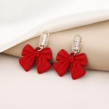 银针耳钉 2021秋冬新款喜庆新娘蝴蝶结镶钻耳环韩版布艺耳饰品厂